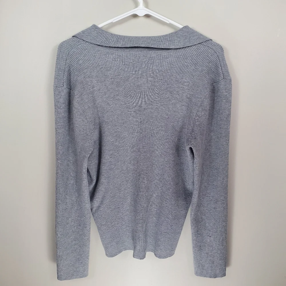 Calvin Klein Size L Gray Ribbed Knit V-Neck Polo Collar Long Sleeve Sweater